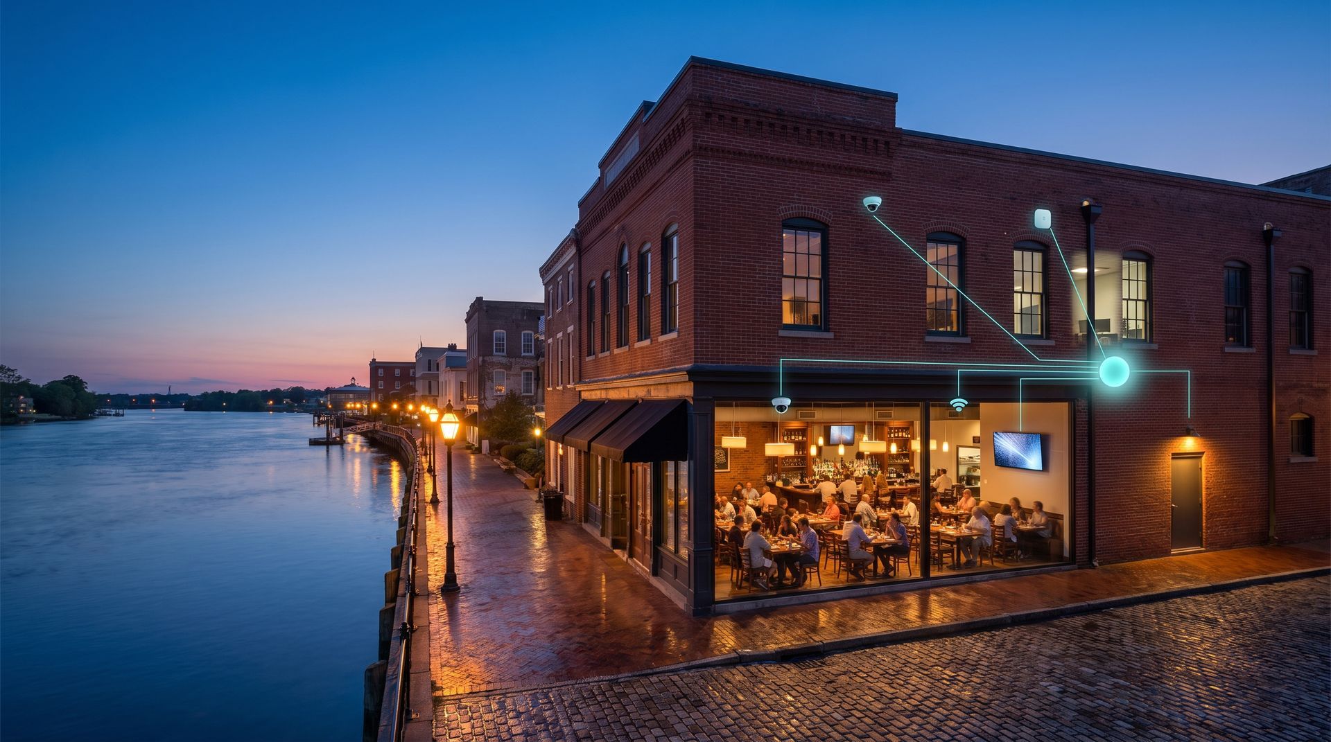 A brick corner restaurant on a riverfront at blue hour, its cameras, Wi-Fi access point and specials screen linked by threads of light to a glowing core.